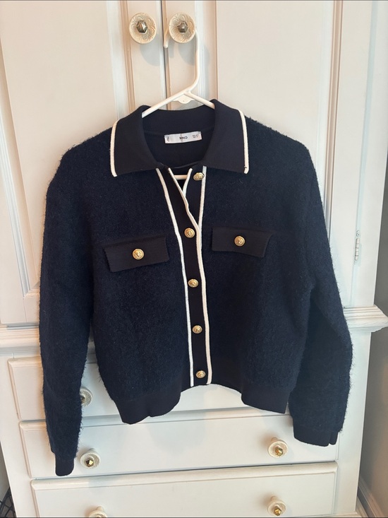 Mango Sweaters - Mango Navy Knit Jacket with White Piping and Gold Buttons